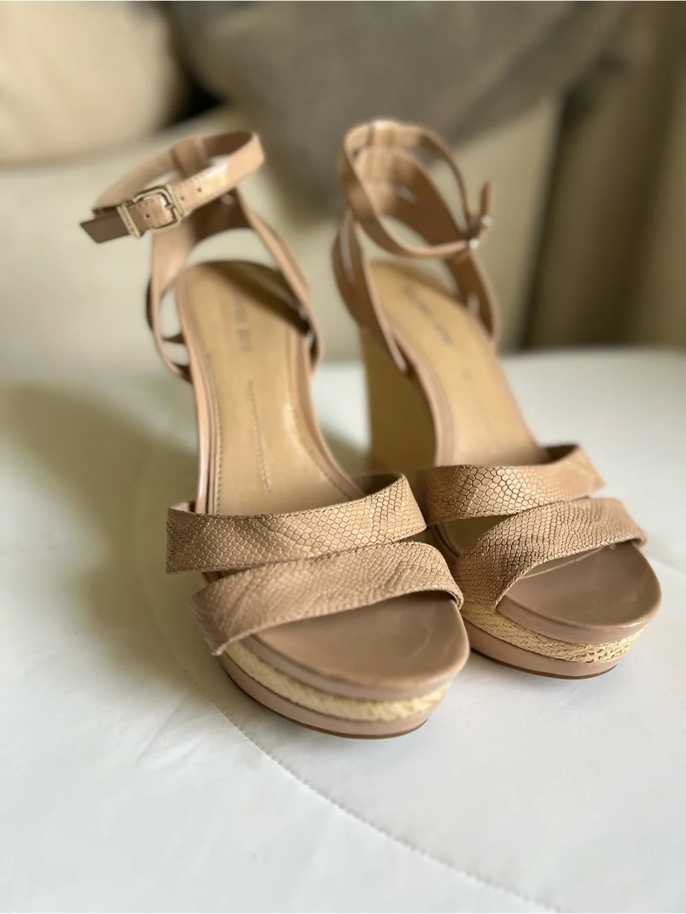 Gianni Bini Nude Ankle-Strap Wedge Sandals - Women's size 8.5 Straw